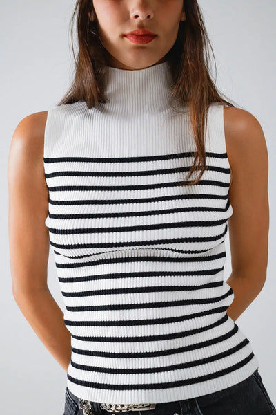Striped Turtle Neck Tank Top In White - Sweaters