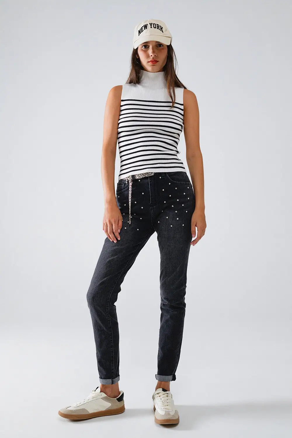 Striped Turtle Neck Tank Top In White - Sweaters