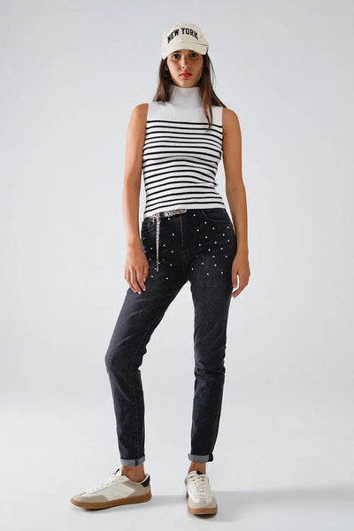 Striped Turtle Neck Tank Top In White - Sweaters