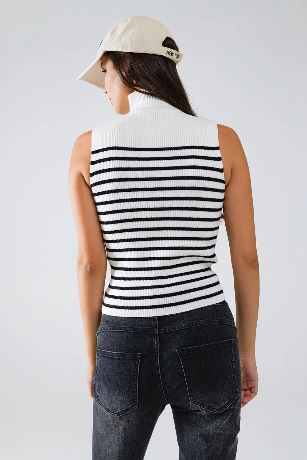 Striped Turtle Neck Tank Top In White - Sweaters