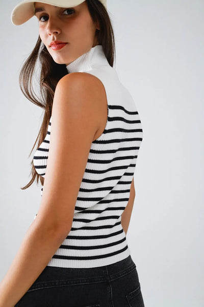 Striped Turtle Neck Tank Top In White - Sweaters