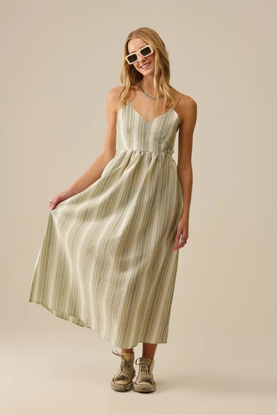 Striped V-Neck Strappy Dress in Green - Dresses