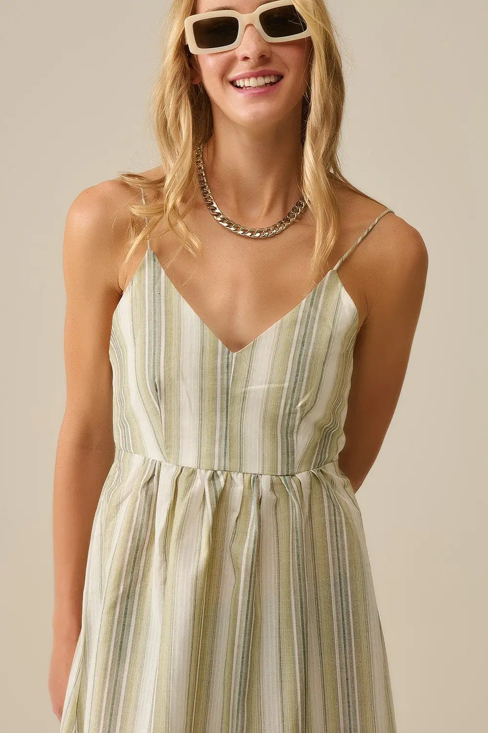 Striped V-Neck Strappy Dress in Green - Dresses