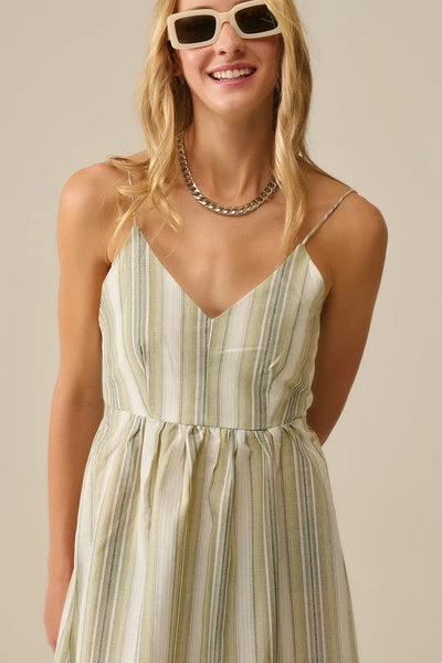 Striped V-Neck Strappy Dress in Green - Dresses