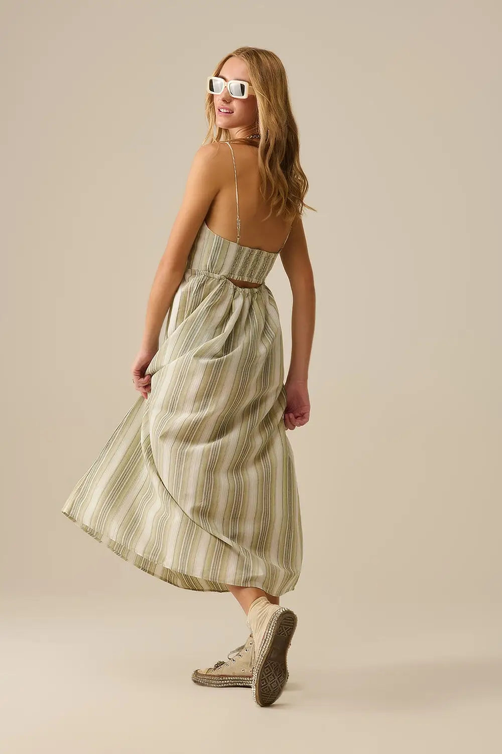 Striped V-Neck Strappy Dress in Green - Dresses