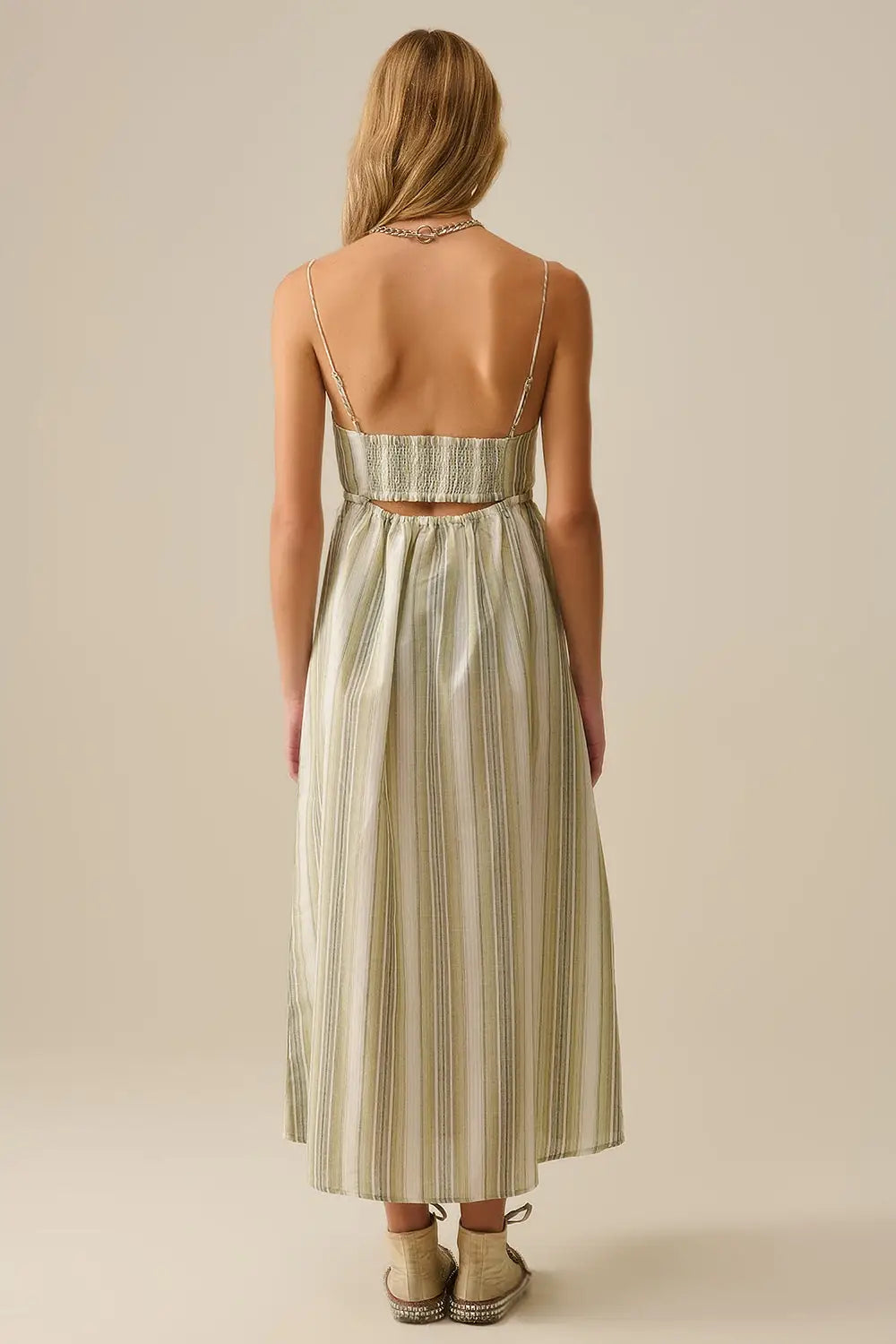 Striped V-Neck Strappy Dress in Green - Dresses