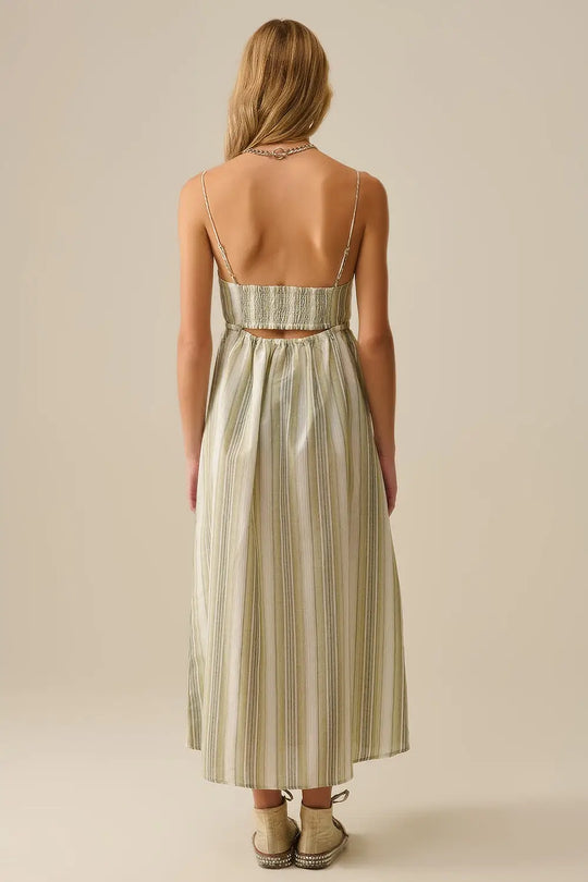 Striped V-Neck Strappy Dress in Green - Dresses