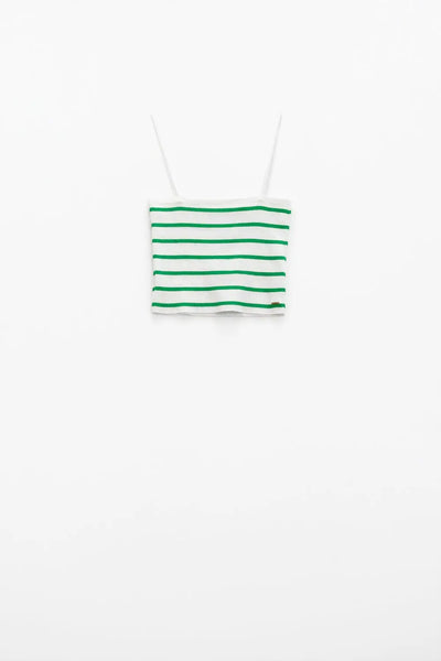 Striped White and Green Top With Square Neckline - Sweaters