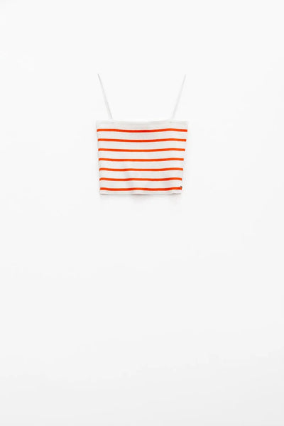 Striped White and Orange Top With Square Neckline - Tops