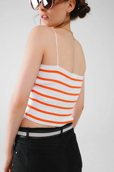 Striped White and Orange Top With Square Neckline - Tops