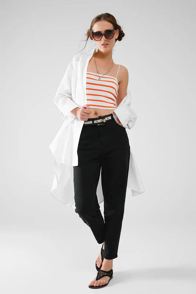 Striped White and Orange Top With Square Neckline - Tops