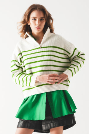 Q2 Striped zip up collar detail sweater in green