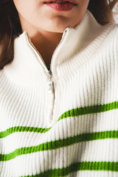 Striped zip up collar detail sweater in green