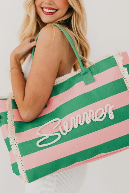 Striped Summer Beach Tote Bag - Bubblegum Pink / Emerald - Tote Bag
