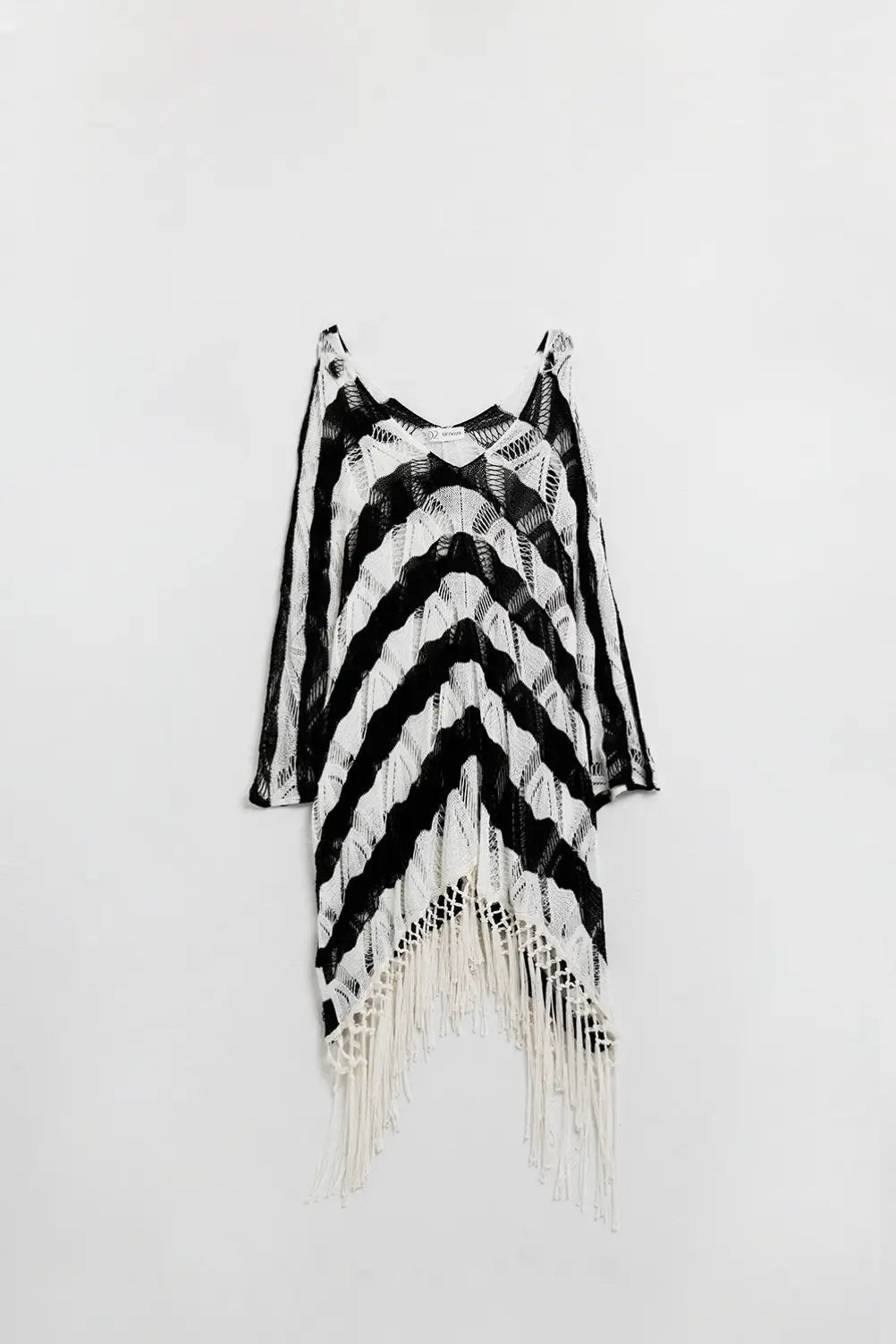 Q2 Stripped Poncho With Fringe Trim