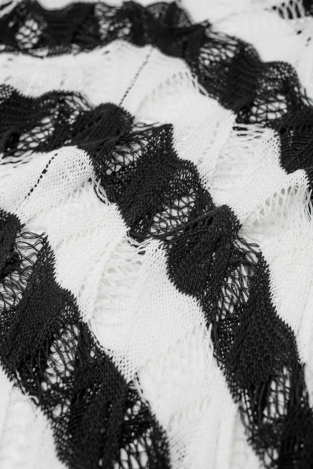 Stripped Poncho With Fringe Trim - One Size / White - Sweaters