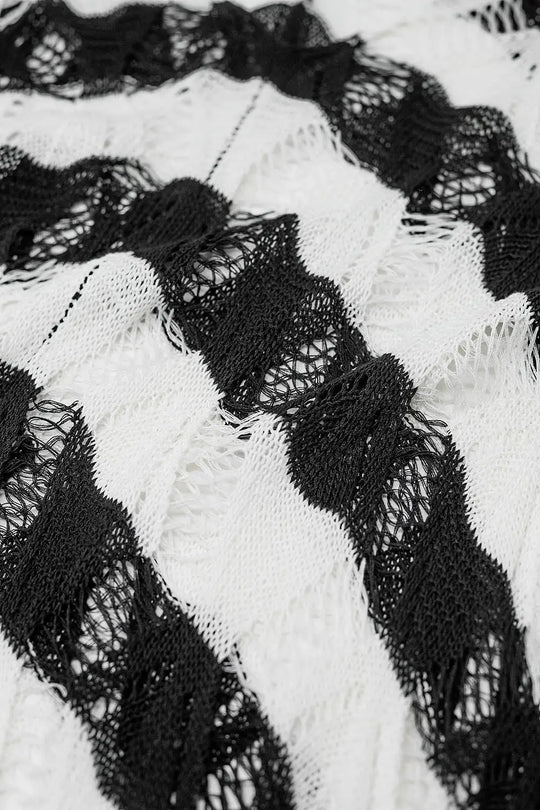 Stripped Poncho With Fringe Trim - One Size / White - Sweaters