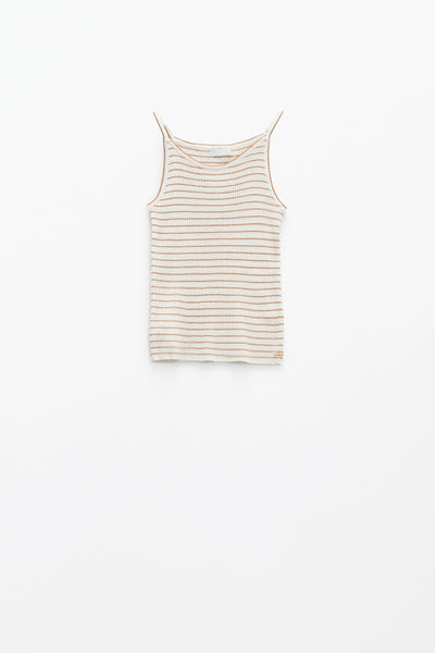 Stripped Ribbed Basic Tank Top In White And Brown