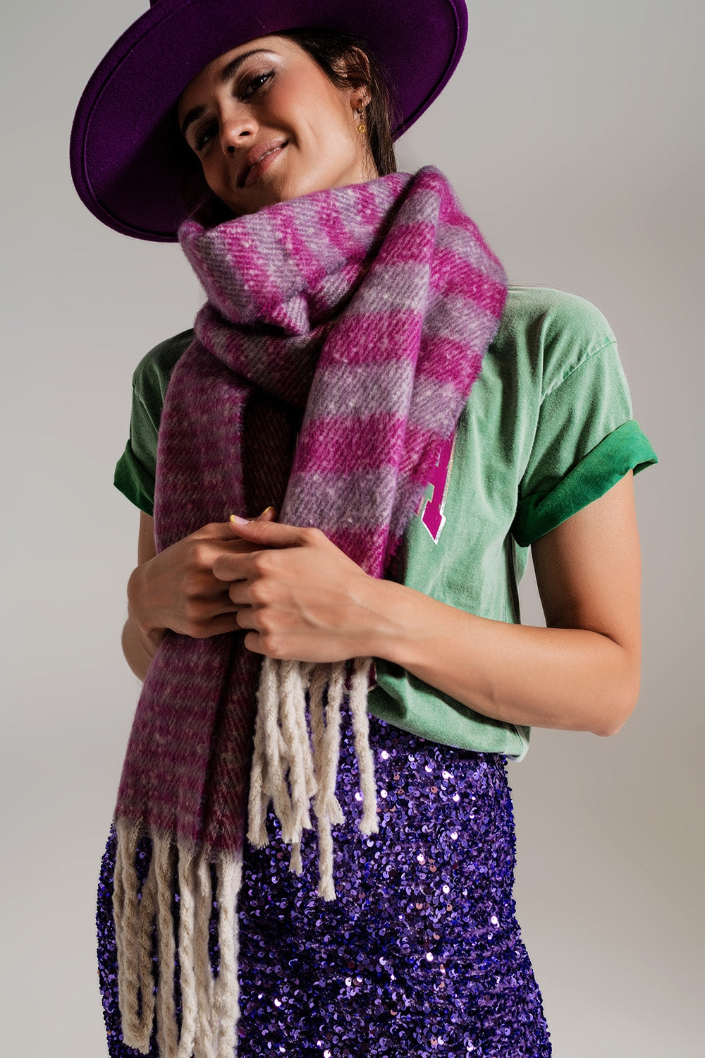 Stripy Chunky Scarf in Lilac and Purple