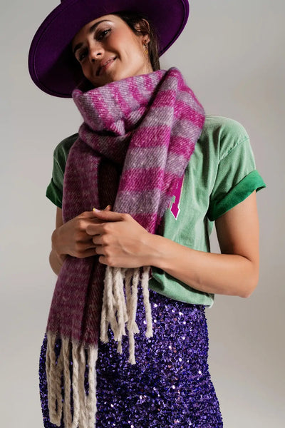 Stripy Chunky Scarf in Lilac and Purple - One Size / Fuchsia - Scarves & Hats