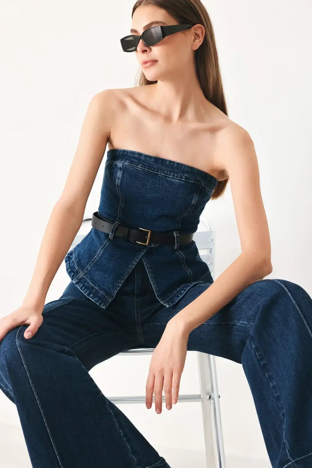 SKYLINE FLARE DENIM TUBE TOP - TOPS