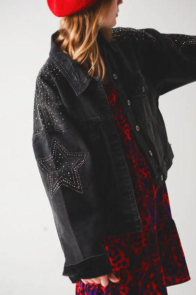Q2 Studded denim jacket in black