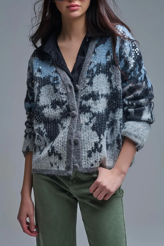 Stylish Gray Knit Cardigan with sequin Abstract Print - One Size / Grey - Coats and Jackets