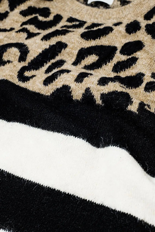 stylish knitted panther print sweater with black and white stripes - One Size / Brown - Sweaters