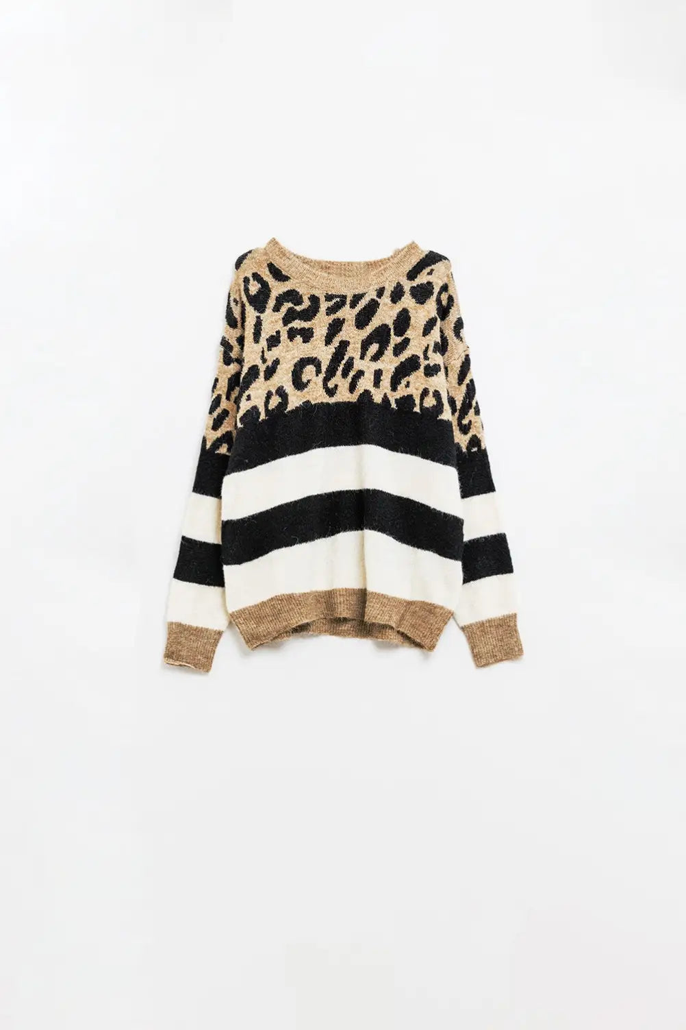 stylish knitted panther print sweater with black and white stripes - One Size / Brown - Sweaters