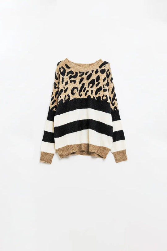 stylish knitted panther print sweater with black and white stripes - One Size / Brown - Sweaters