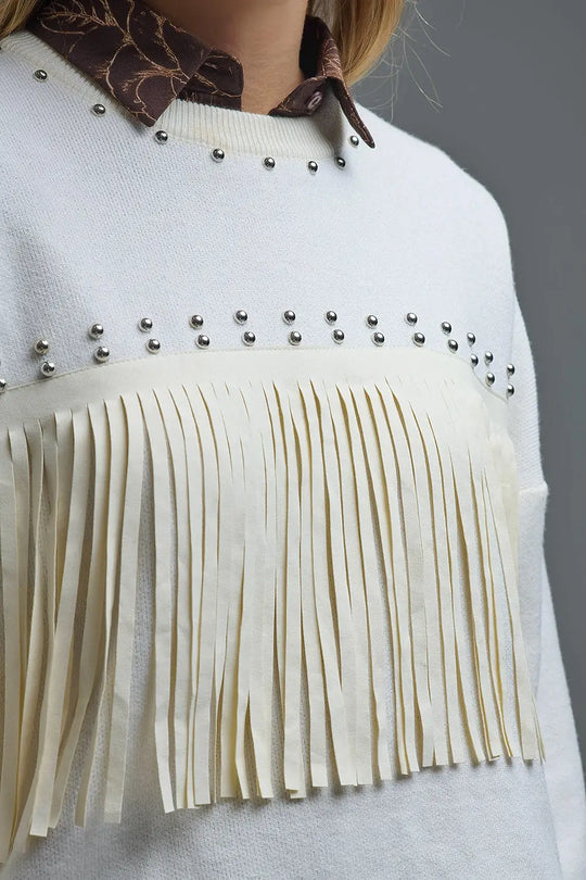 Stylish White Knitted Sweater with Fringe - One Size / White - Sweaters