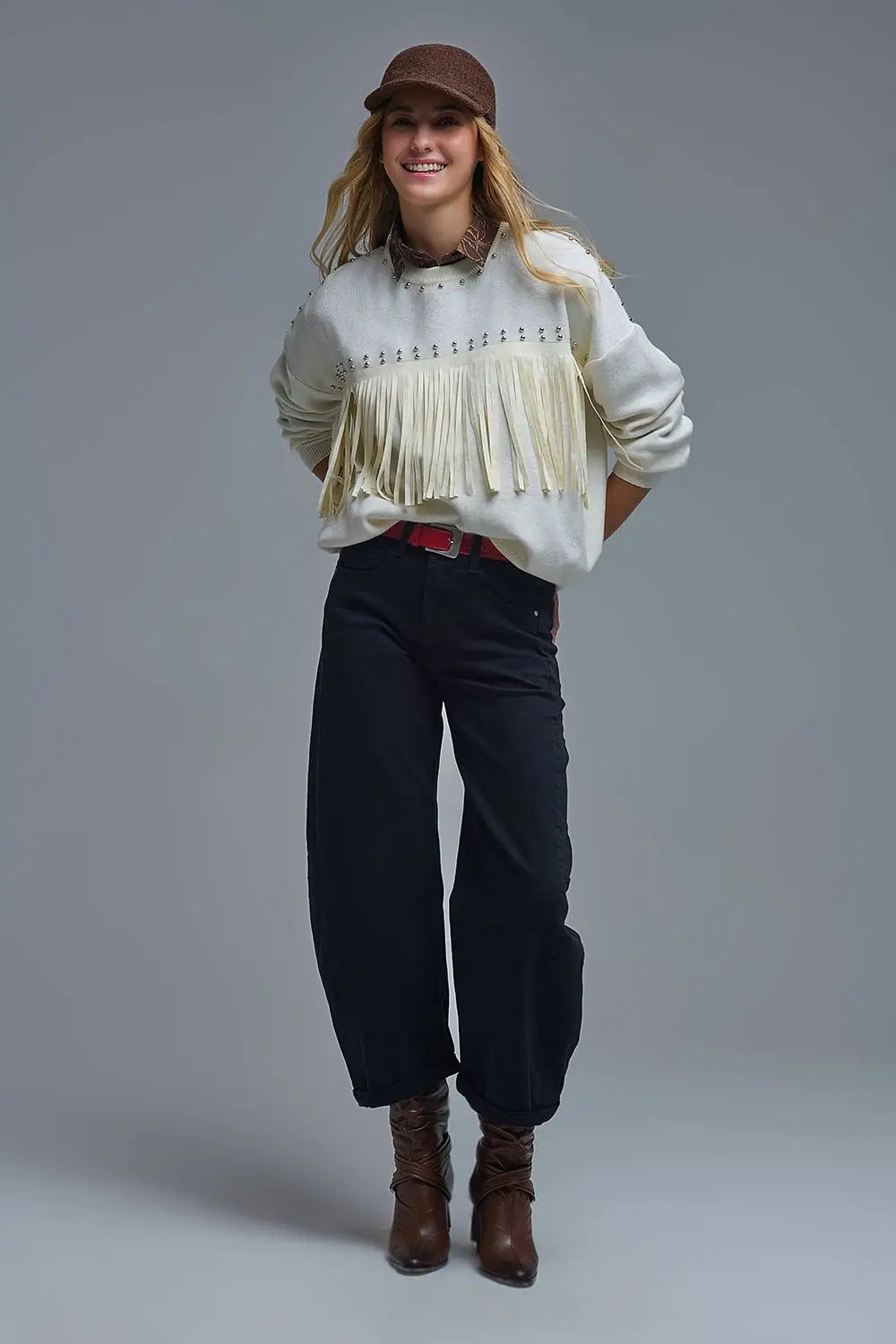 Stylish White Knitted Sweater with Fringe - One Size / White - Sweaters