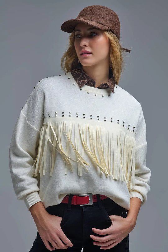 Q2 Stylish White Knitted Sweater with Fringe