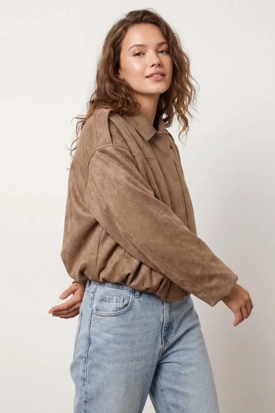 Suede-Effect Cropped Bomber Jacket - Coats and Jackets