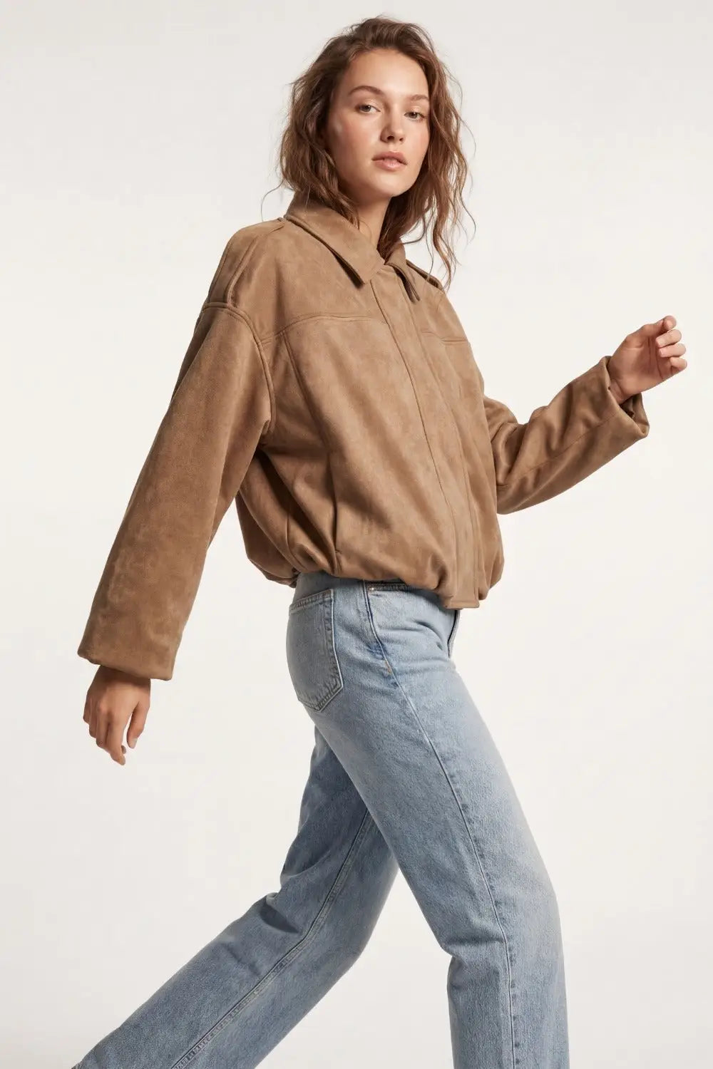 Q2 Suede-Effect Cropped Bomber Jacket