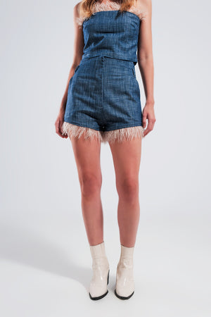 Q2 Suit shorts with faux feather hem in blue