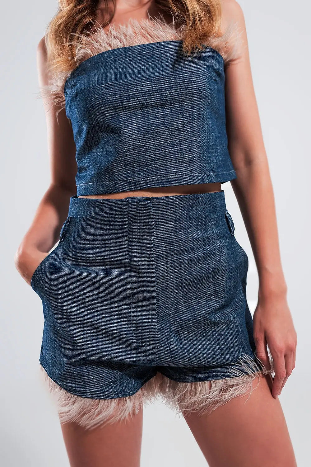 Suit shorts with faux feather hem in blue - Pants