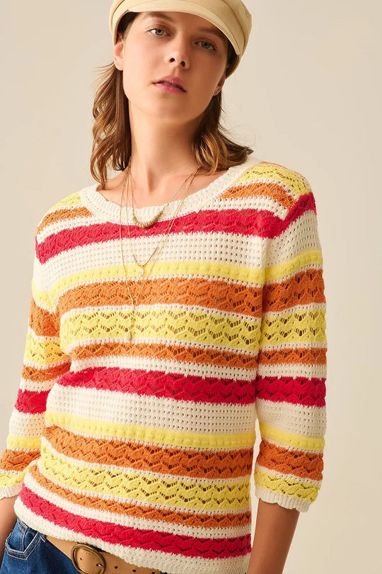 Summer Knitted Striped Sweater in Warm Tones - Sweaters