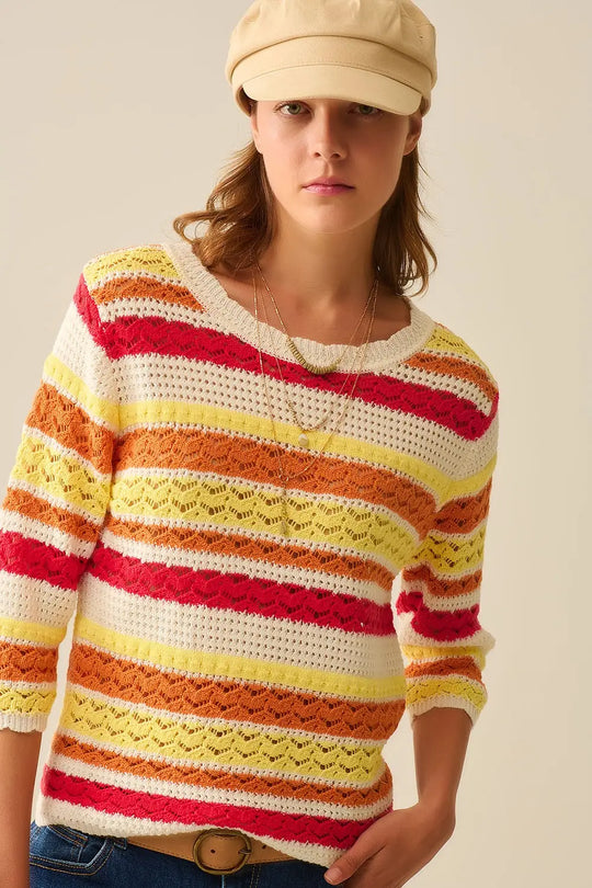 Summer Knitted Striped Sweater in Warm Tones - Sweaters