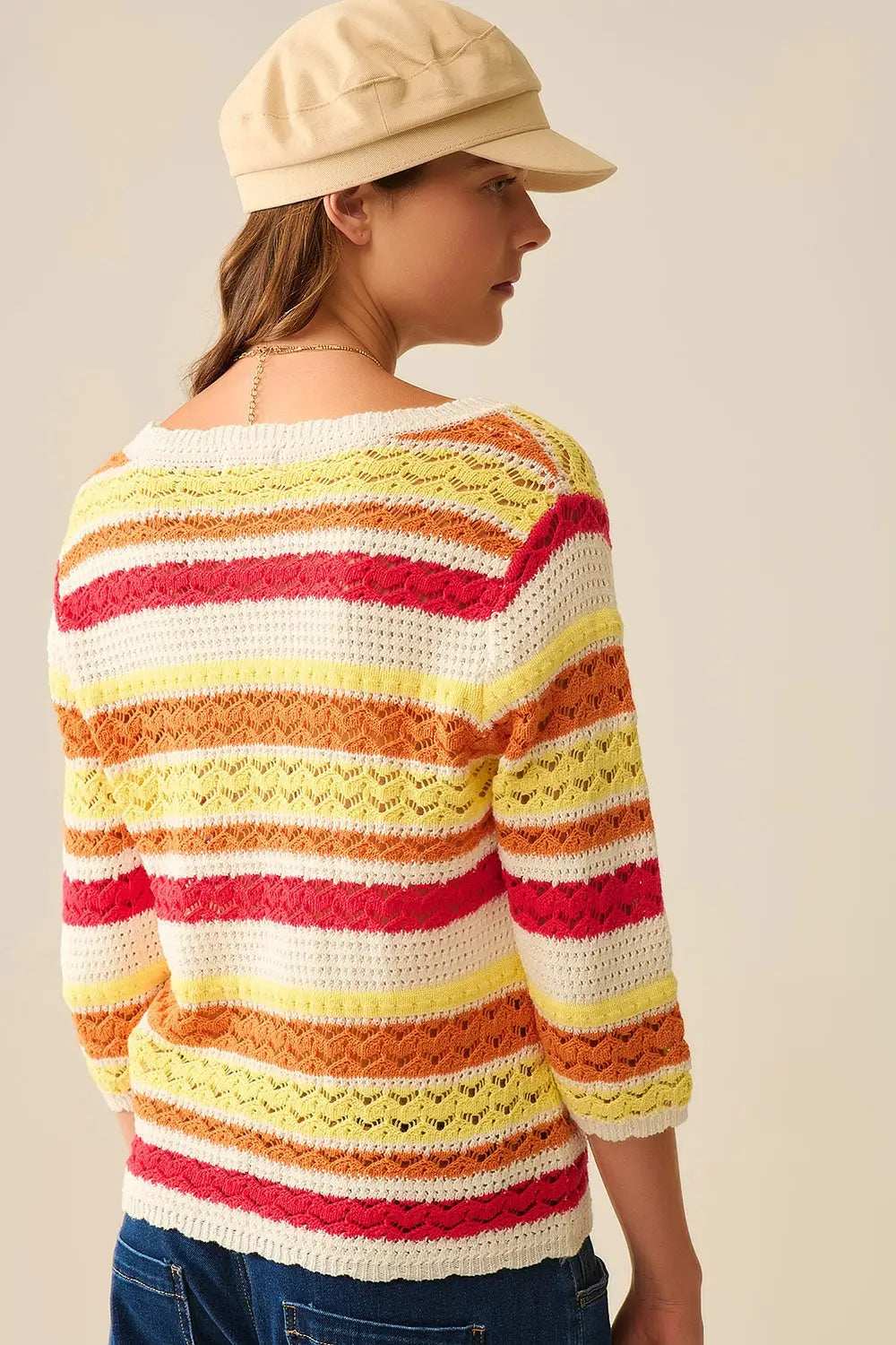 Summer Knitted Striped Sweater in Warm Tones - Sweaters