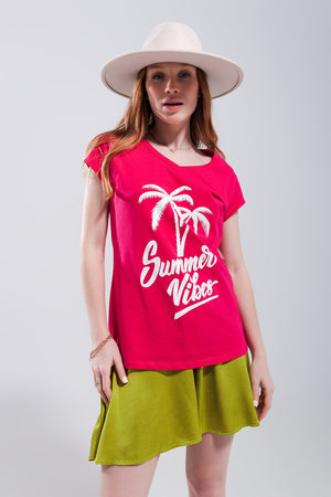 Q2 Summer vibes print t shirt in fuchsia