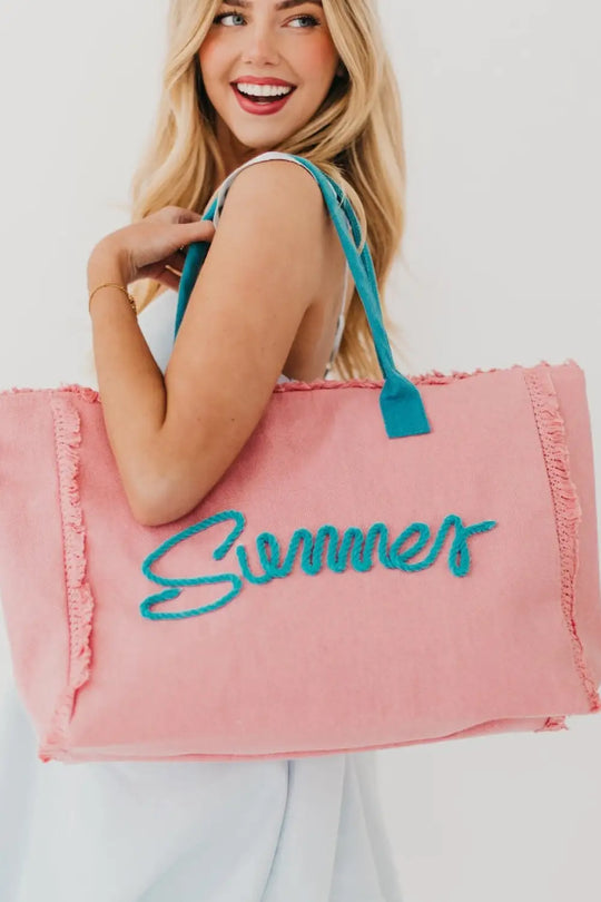 Summer Sunshine Beach Tote Bag - Dusty Pink / Teal - Tote Bag