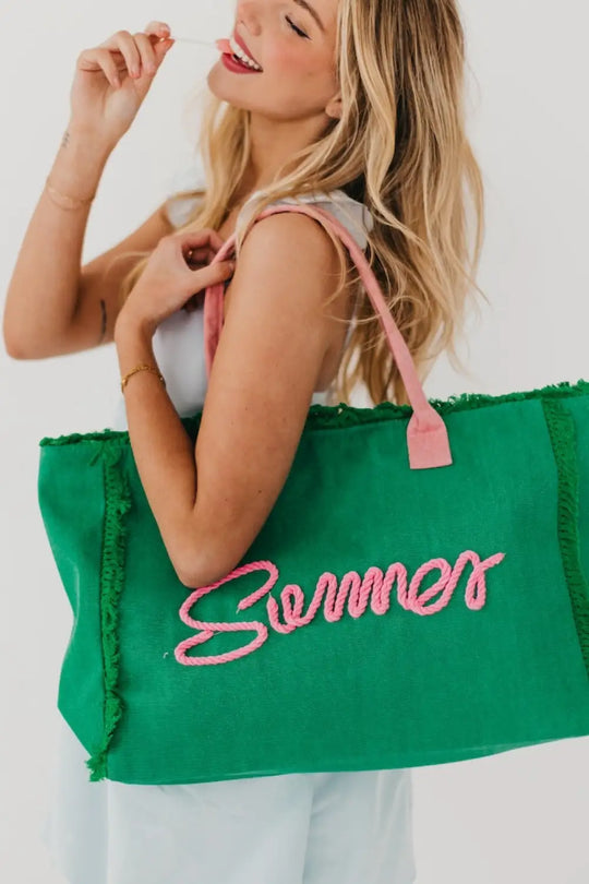 Summer Sunshine Beach Tote Bag - Emerald / Dusty Pink - Tote Bag
