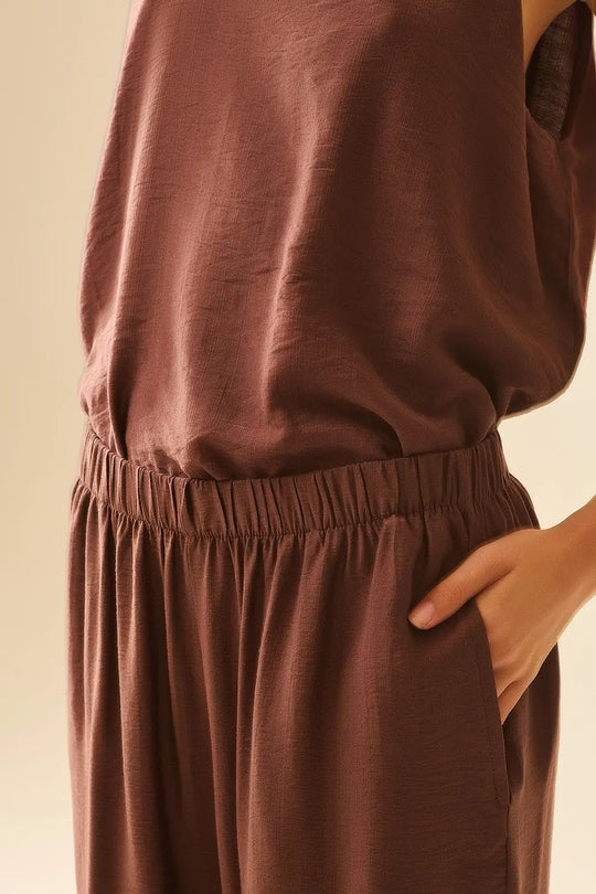 Summery Pants With Elastic Waist and Pockets In Brown - Pants