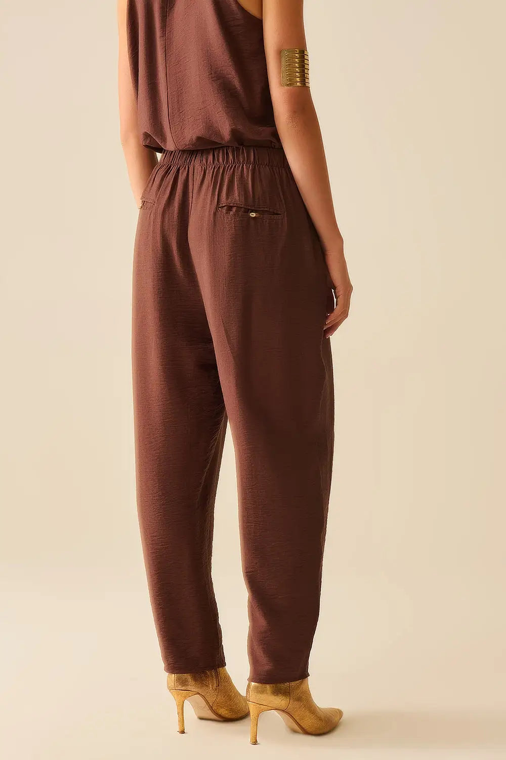 Summery Pants With Elastic Waist and Pockets In Brown - Pants