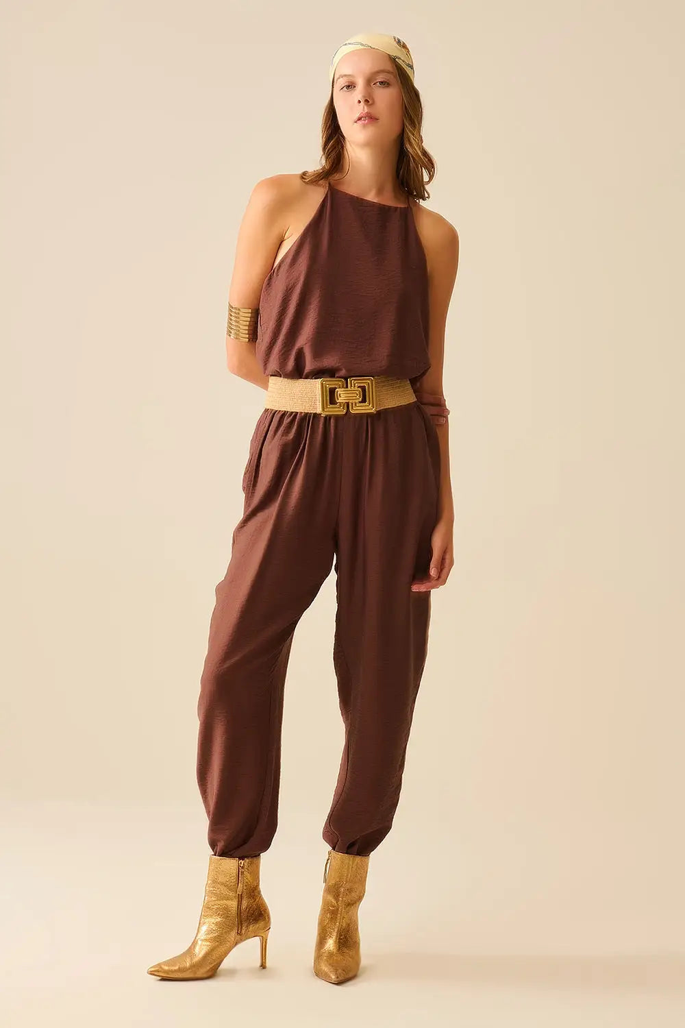Summery Pants With Elastic Waist and Pockets In Brown - Pants