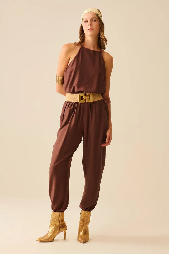 Summery Pants With Elastic Waist and Pockets In Brown - Pants