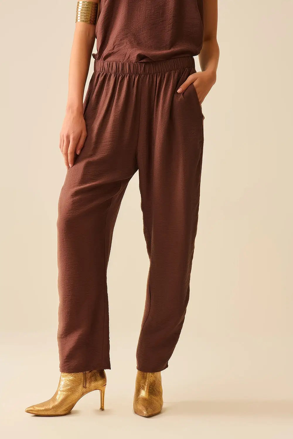 Summery Pants With Elastic Waist and Pockets In Brown - Pants