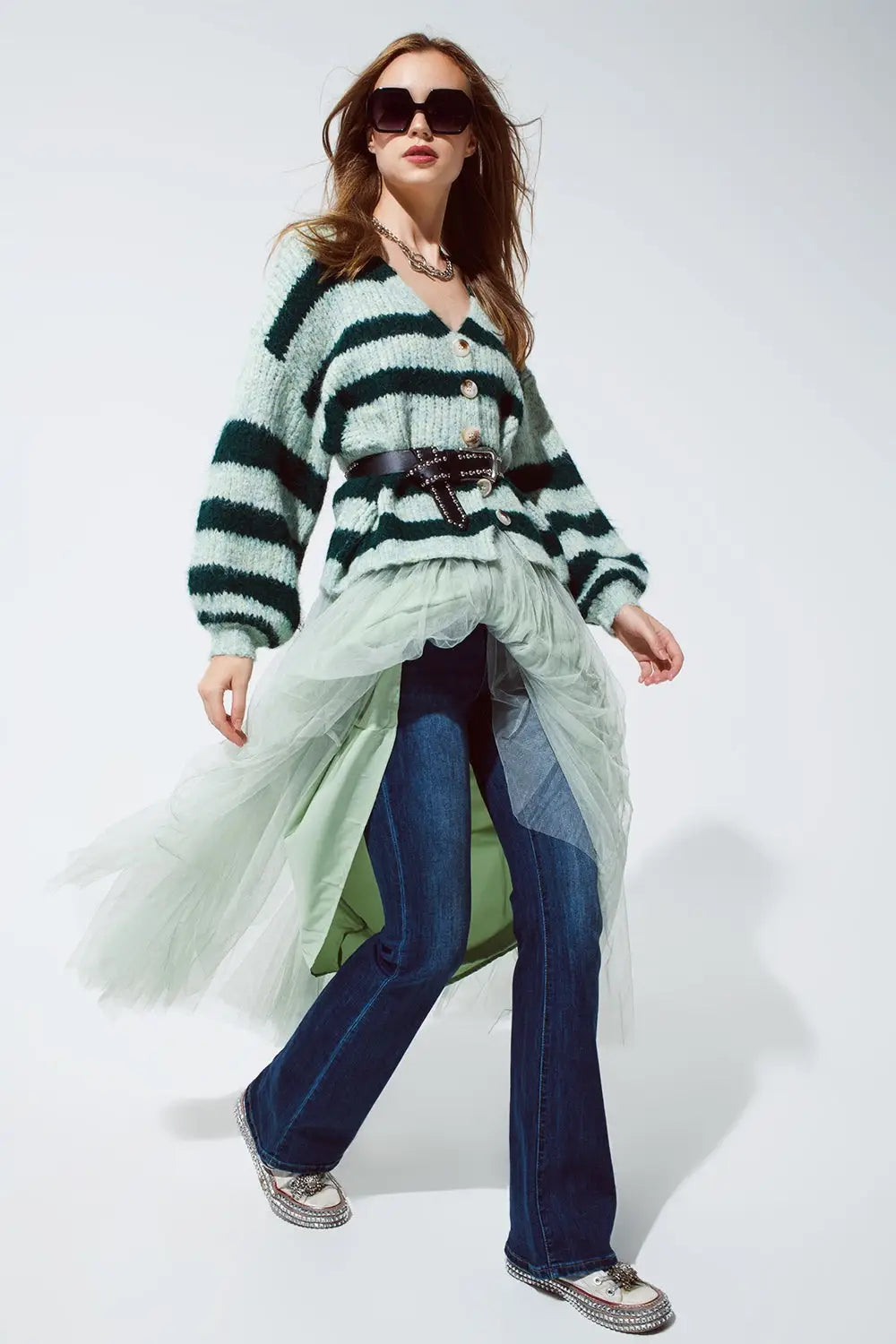 Super Fluffy Oversized Cardigan in Striped Green Design - One Size / Green - Sweaters