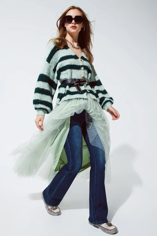 Super Fluffy Oversized Cardigan in Striped Green Design - One Size / Green - Sweaters